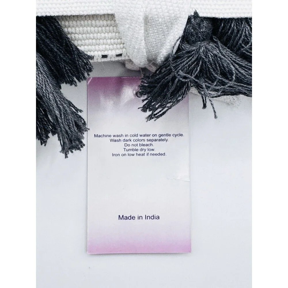 PurpleEssences Cotton Table Runner 14x72 White Gray Stripe Tassels Farmhouse NEW